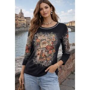 Cactus Vintage 90s Y2K Embellished Rhinestone Floral 3/4 Sleeve Italia Tee M